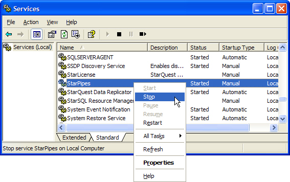 managing the StarPipes service from Services console