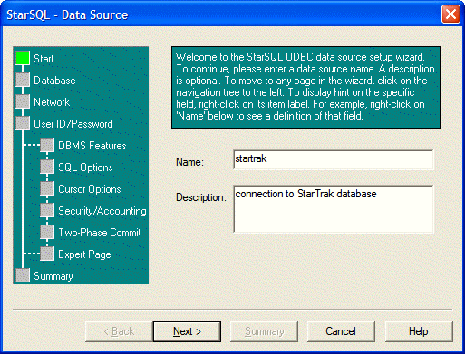 Start pane of StarSQL Data Source Wizard
